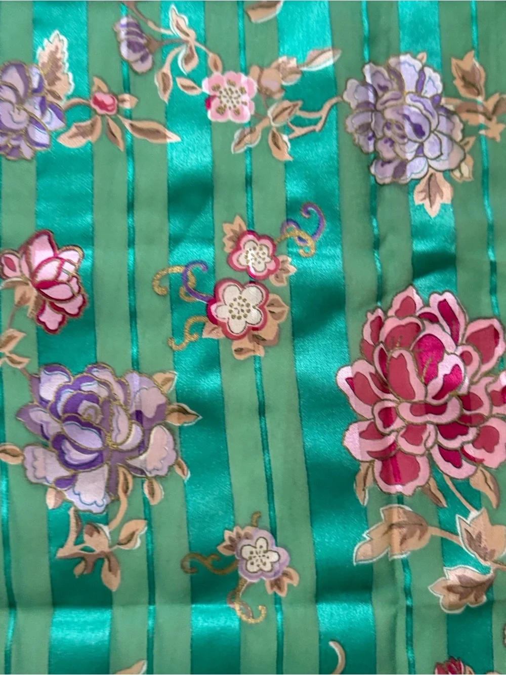 Oscar de la Renta Green Floral Silk Scarf with Pink and Purple Blooms